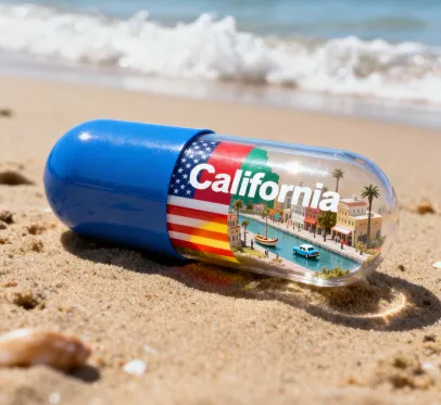 โมเดลจำลองแคลิฟอร์เนียจิ๋วสมจริงบนชายหาดอยู่ในแคปซูลใสครึ่งฟ้าตามสีธงสหรัฐฯ มีคำว่า California สีขาว พื้นที่ในแคปซูลเต็มไปด้วยแลนด์มาร์กชื่อดัง ลำคลองหรือถนนสวย ๆ เรือหรือรถจิ๋ว แสงแดดเจิดจ้า ฉากลึกแบบหนังฝัน ๆ ริมน้ำทะเลระยิบระยับ