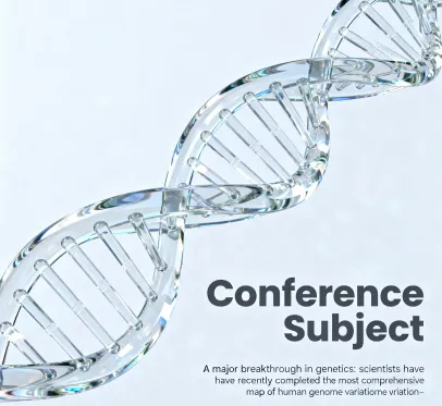 โปสเตอร์สไตล์ C4D สำหรับงานฟอรั่มวิชาการ ด้านขวาล่างมีดีเอ็นเอเกลียวคู่แก้วใสใหญ่เป็นตัวหลัก วางแนวทะแยง มีหัวข้อใหญ่ ๆ ตัวหนาในภาพว่า “Conference Subject” และใต้ลงไปเป็นฟอนต์เล็ก ๆ “ความก้าวหน้าครั้งยิ่งใหญ่ในพันธุศาสตร์: นักวิทยาศาสตร์เพิ่งสร้างแผนที่ความหลากหลายจีโนมมนุษย์ที่สมบูรณ์ที่สุด ดันศาสตร์การแพทย์แม่นยำและป้องกันโรคสู่ยุคใหม่”