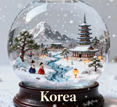 ลูกโลกหิมะสุดสมจริงที่เก็บกลิ่นอายของเกาหลีไว้ข้างใน ภายในมีภูมิทัศน์หิมะจิ๋ว แลนด์มาร์ก สัญลักษณ์วัฒนธรรม ธรรมชาติของเกาหลี เนื้อสัมผัสละเอียดสมจริง หิมะตกเบา ๆ สร้างบรรยากาศวิเศษ ฉากหลังสะอาดแสงอ่อนเพื่อเน้นลูกโลก อัตราส่วน 1:1 ขอบล่างมีข้อความ "[ชื่อประเทศ]" ตัวอักษรหล่อสง่างาม